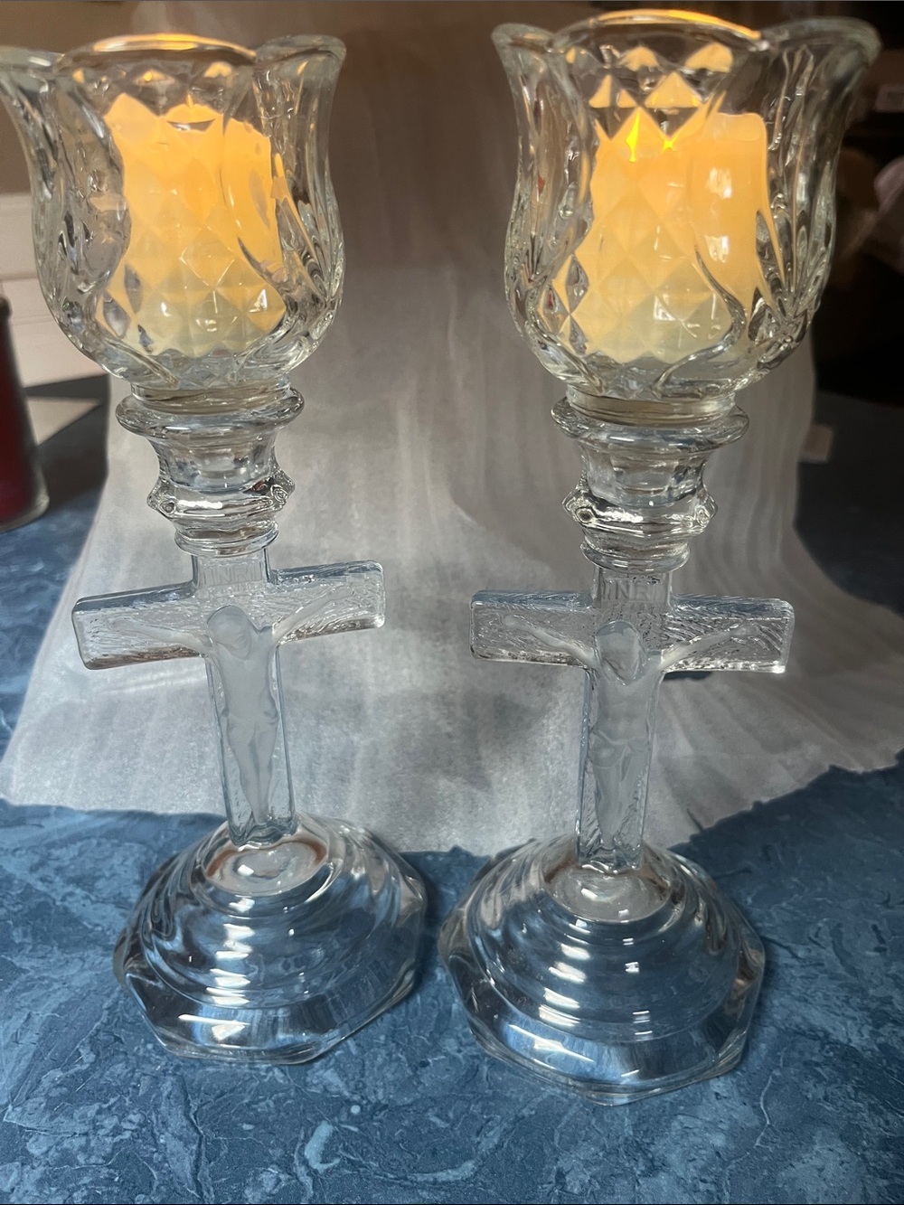 Clear Glass Cross Candle Holders - Set of 2
